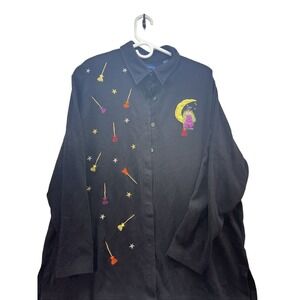 Karen Scott‎ Black Halloween Witch Moon Broom Embroidered Button Up Shirt XL